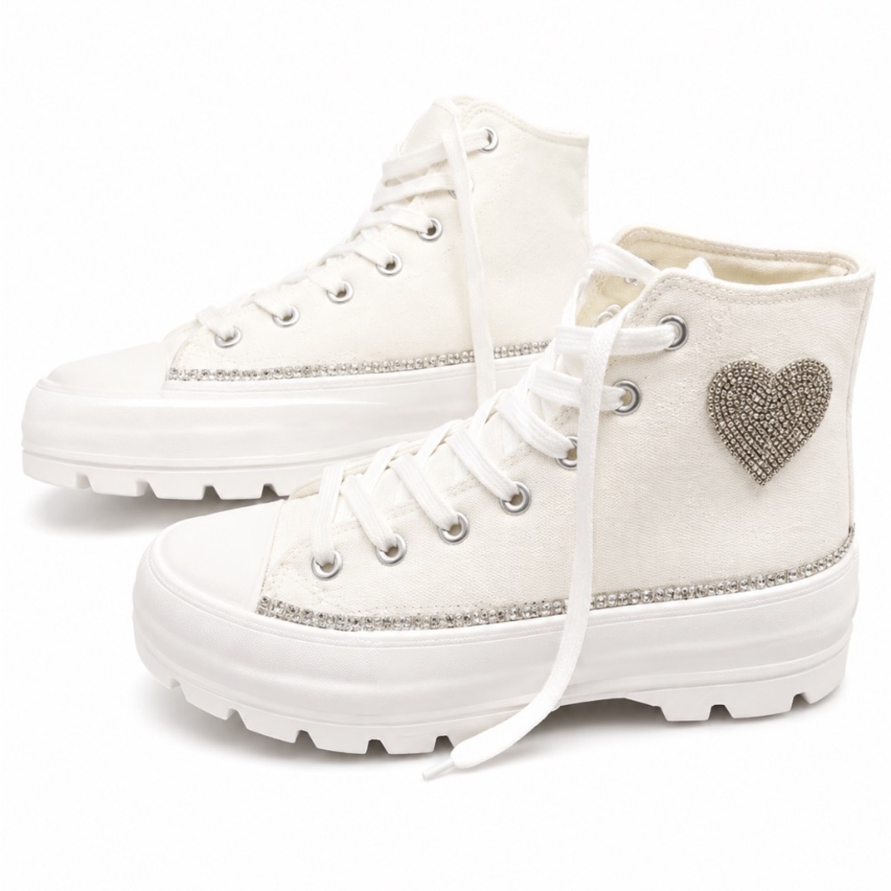 ANDI Rhinestone Heart White High Top Shoes~ Chunky Sole Size 7 💥🆕💥